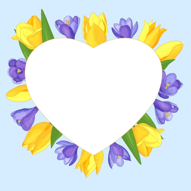 Heart frame with flowers - yellow tulips and purple crocuses on a blue background, valentine's day