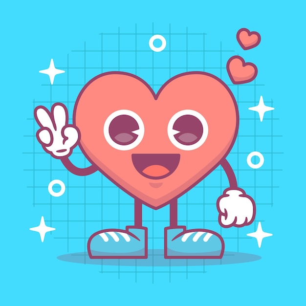 Vector heart funny cartoon character happy valentines day concept romantic mascot flat vector illustration