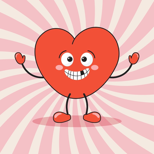 Сердце смешный персонаж мультфильма на ретро фоне мультфильм талисман сердце модное улыбающееся лицо