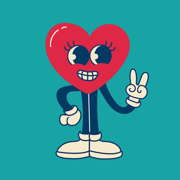 Heart funny cartoon character Valentines day vector illustrations Love concept of comic stickers patches pins in retro cartoon style