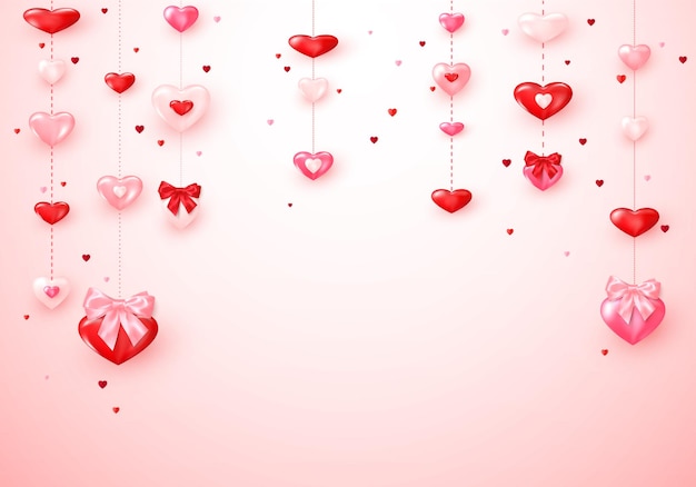 Сердечные гирлянды. День Святого Валентина романтические фоновые сердца с шелковыми бантами.