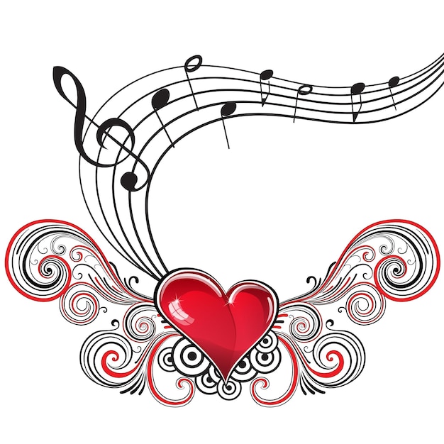 Heart in grunge style with musical notes and treble clef