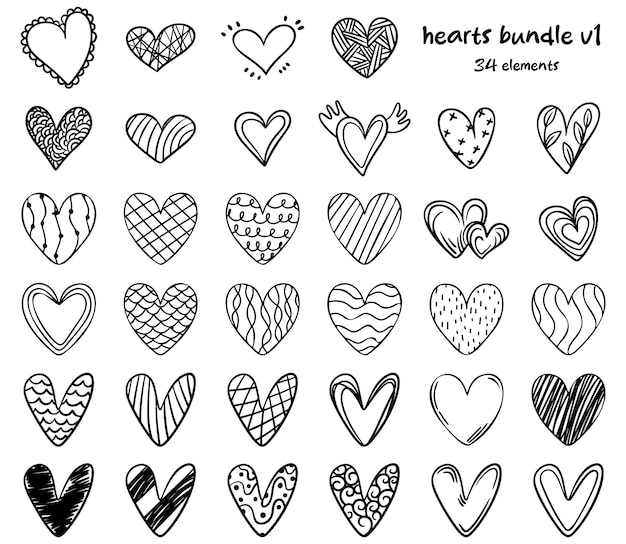 Vector heart hand drawn doodle sketch illustration bundle