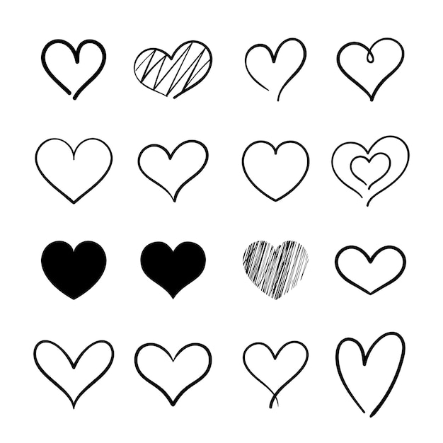 Heart hand drawn icons set isolated on white background. for poster, wallpaper and valentine's day. collection of hearts, creative art.