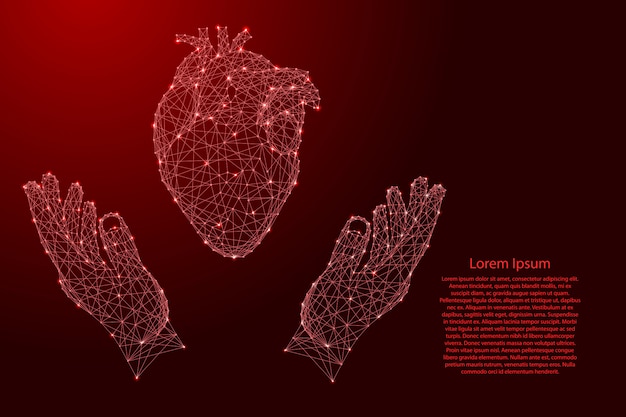 심장 인간의 기관과 두 지주, 미래의 다각형 빨간 선 및 배너, 포스터, 인사말 카드에 대 한 빛나는 별에서 손을 보호.