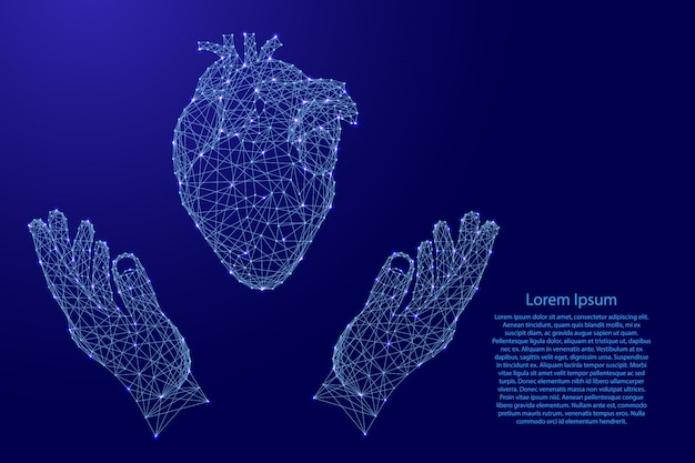 Heart human organ and two holding, protecting hands from futuristic polygonal blue lines and glowing stars .