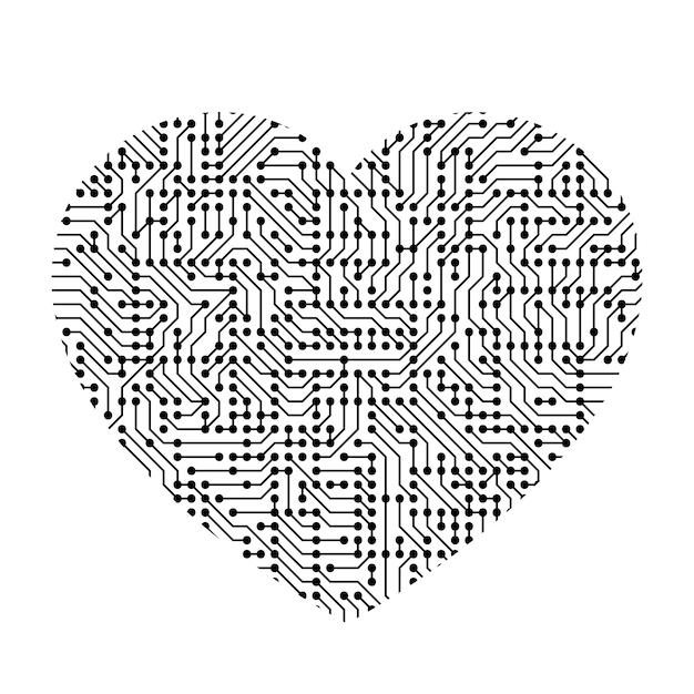 Heart icon symbol of love from black printed board, chip and radio component. 