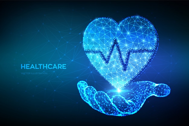 Icona del cuore con la linea del battito cardiaco in mano. concetto di assistenza sanitaria, medicina e cardiologia. cuore poligonale basso astratto con linea ecg.