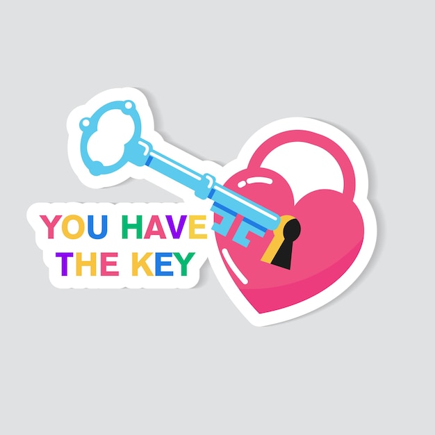 The heart is locked with a key. Vector sticker.