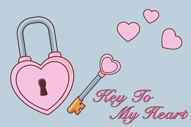 Vector heart and key and hand drawn phrase key to my heart love and valentines day concept