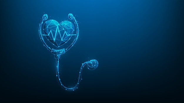 Heart and line pulse with stethoscope digital technology. healthcare and medical hologram low poly.