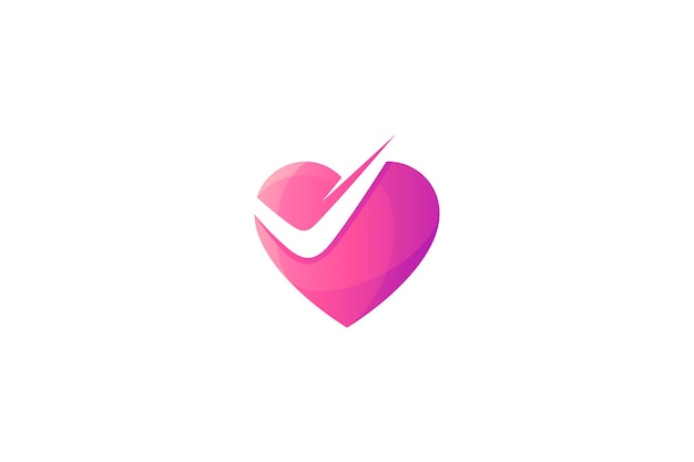ピンク色のグラデーション デザインのチェックまたはチェック アイコンが付いたハートのロゴ