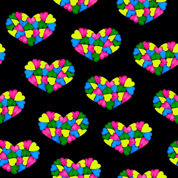 Heart made of multicolored hearts pattern on a black background digital tracing illustration