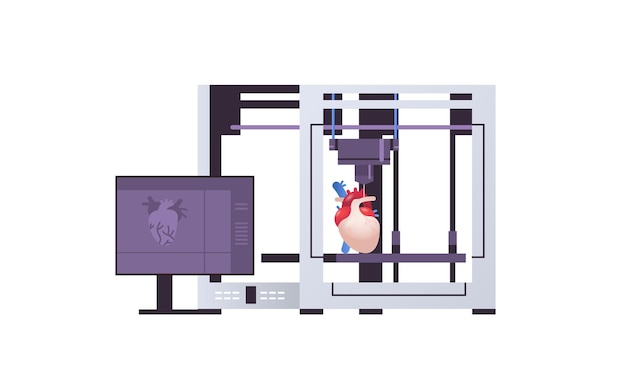 heart model prints on 3d bio printer medical printing of human transplantation organ biological engineering bioprinting concept horizontal vector illustration