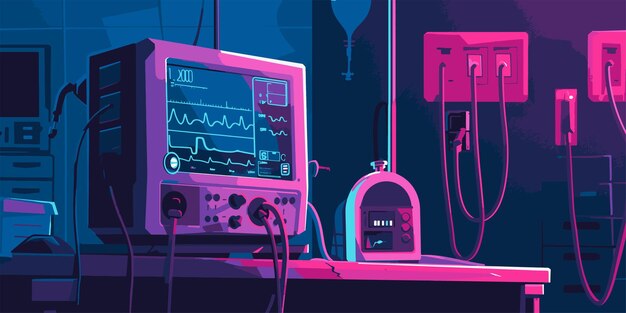 집중 치료 부서에서 중상 환자의 배경에 ECG 선을 가진 심장 모니터