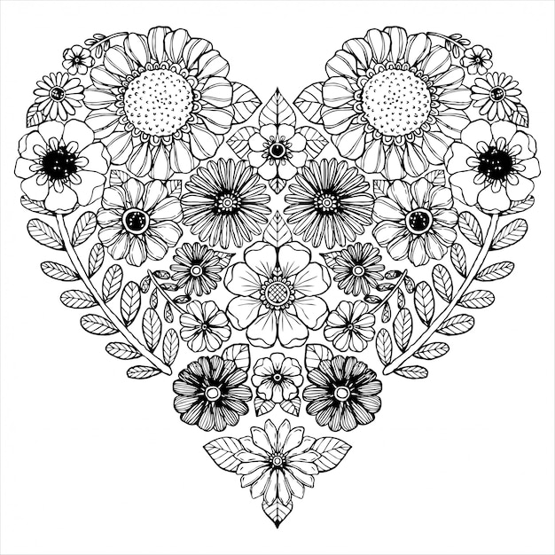 Heart motif of flower ornate freehand style.