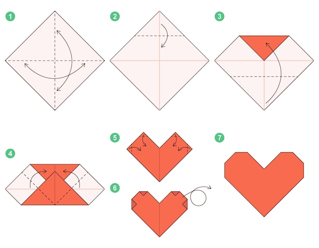 Heart origami scheme tutorial moving model. Origami for kids. Step by step.