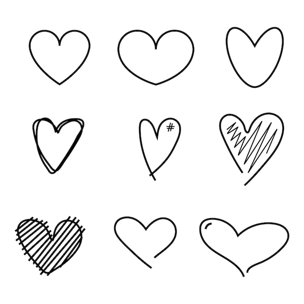 Vector heart outline drawing set isolated on white background