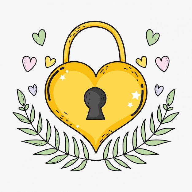 Heart padlock with branches leaves and hearts