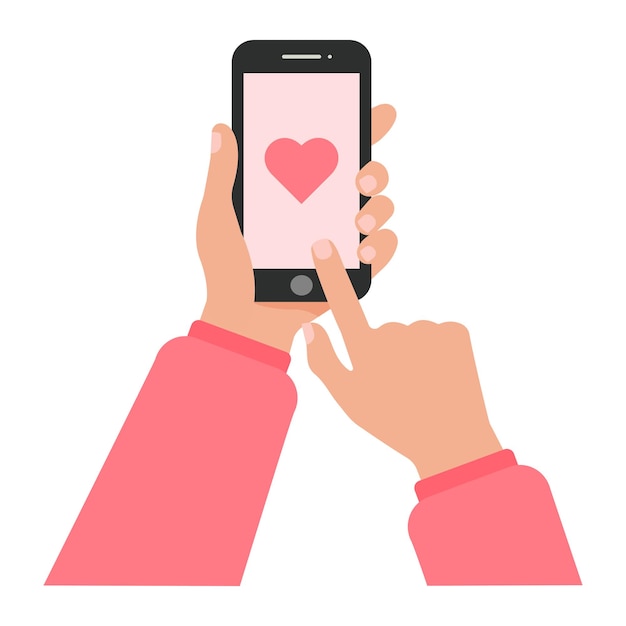 Heart on the phone in hands Like in the phone Vector illustration