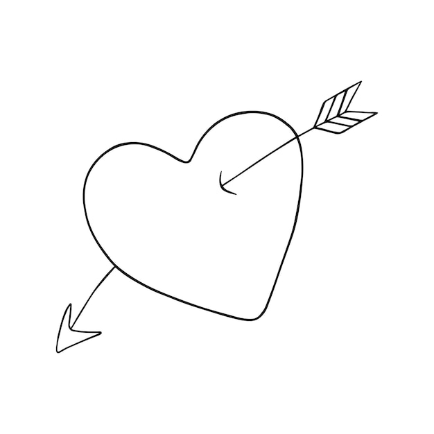 Сердце, пронзенное стрелой, символом любви, каракули, линейная мультяшная раскраска