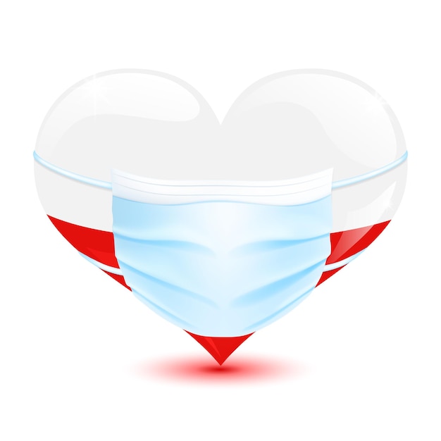 Heart in the poland flag colors with a medical mask for protection from coronavirus