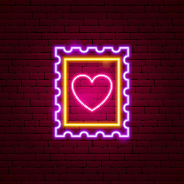 Cuore post stamp insegne al neon. illustrazione vettoriale di promozione dell'amore.