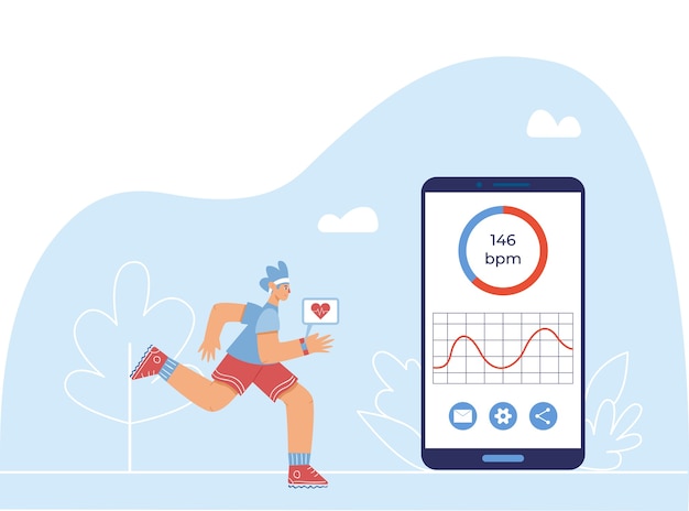 Vector heart rate monitoring app concept. a boy with a smart watch on her hand runs near a huge smartphone