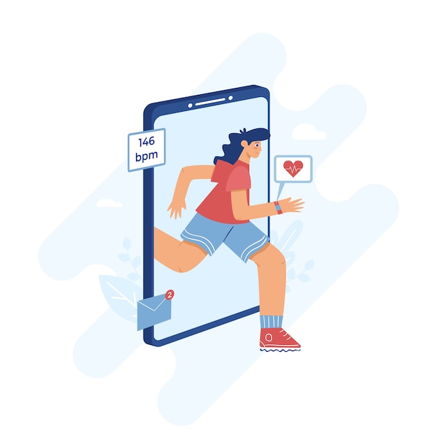 Heart rate monitoring app concept. A girl with a smartwatch on her hand runs against the background of a huge smartphone.