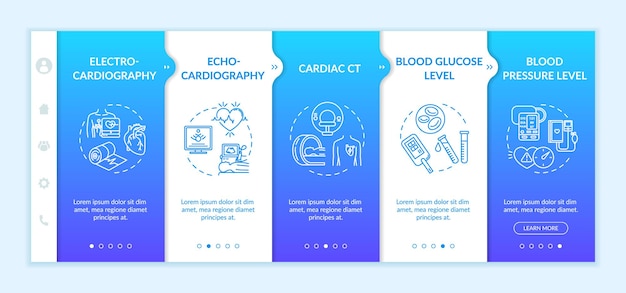 Modello vettoriale di onboarding per lo screening del cuore. diagnostica delle malattie cardiovascolari. controllo medico. sito mobile reattivo con icone. schermate dei passaggi della procedura dettagliata della pagina web. concetto di colore rgb