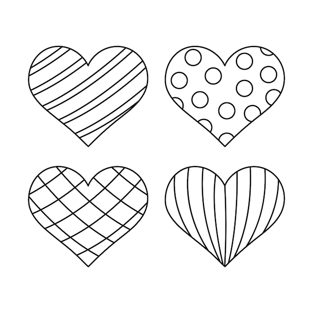 벡터 사랑 기호를 색칠하기위한 줄무늬와 반점이있는 심장 모양 요소