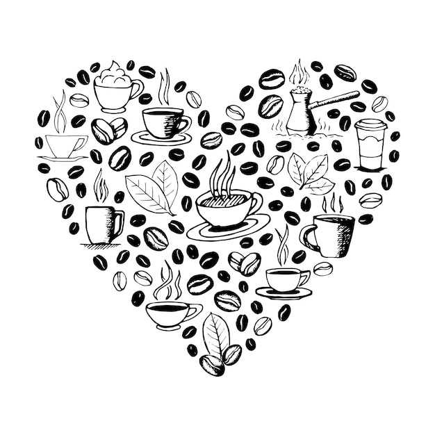 A forma di cuore riempito da scarabocchi di caffè