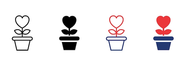 Heart Shape Flower in Pot with Leaf Icon Charity Love and Romance Symbol Pictogram