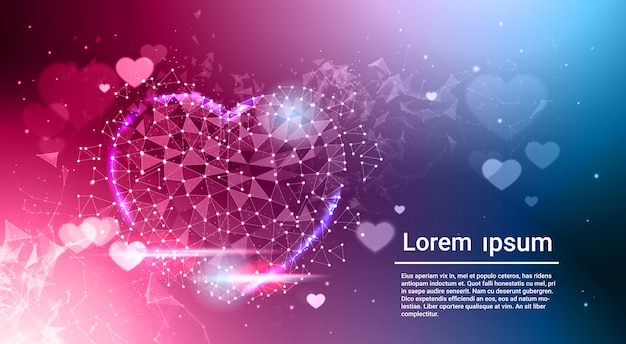 Heart Shape Low Poly Dark Blue Glowing Abstract Love Symbol Over Bokeh Background template