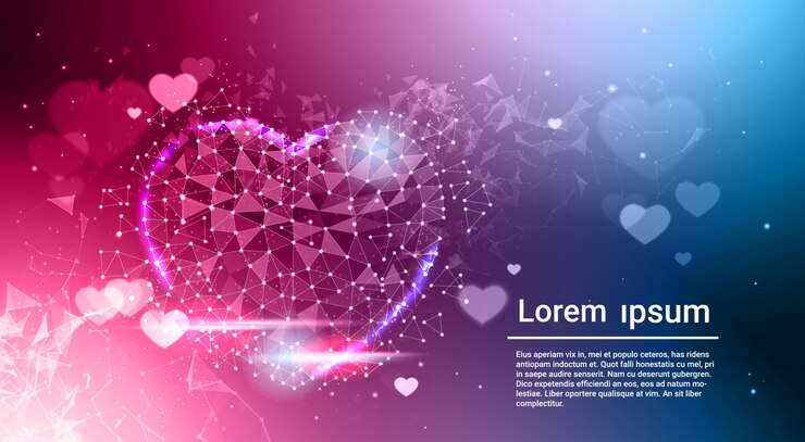 Vector heart shape low poly dark blue glowing abstract love symbol over bokeh background template