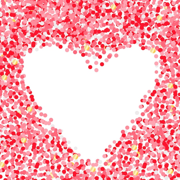 Heart shape made of confetti pink gold circles in random place for an inscription passion