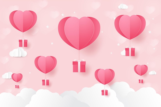 A heart shape paper art style valentine day origami made hot air balloon