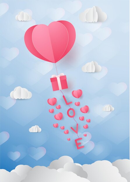 a heart shape paper art style valentine day Origami made hot air balloon