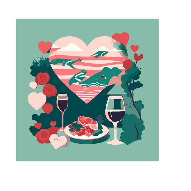 heart shape, valentine's day, february 14, wine, pasta, vector, illustrator
