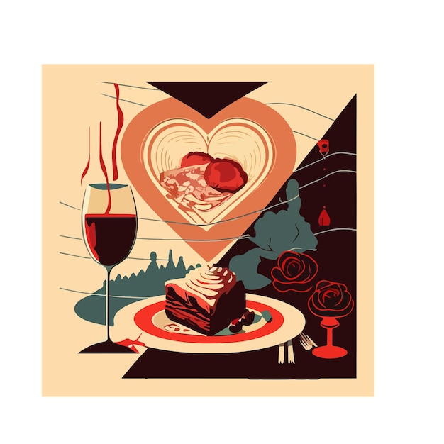 Vector heart shape, valentine's day, february 14, wine, pasta, vector, illustrator