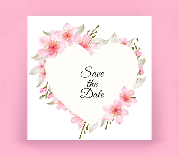 Heart shape wedding card with beautiful cherry blossom watercolor