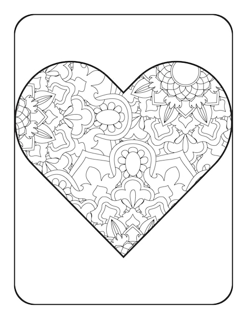 A forma di cuore con motivo floreale mandala cuore da colorare pagina da colorare per adulti