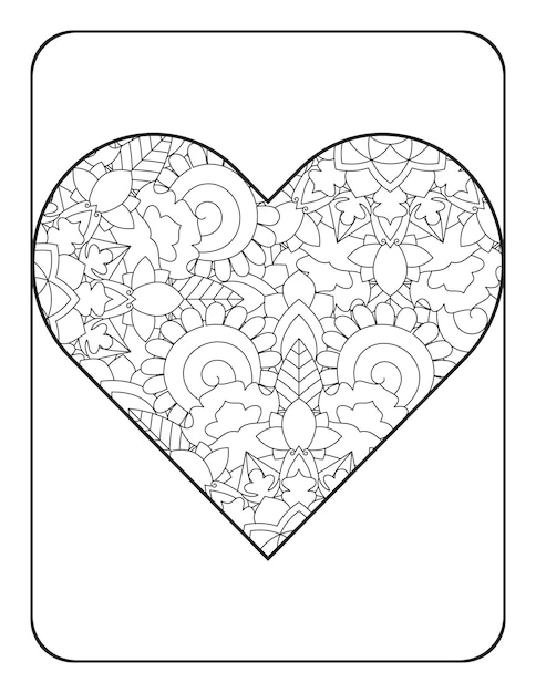 A forma di cuore con motivo floreale mandala cuore da colorare pagina da colorare per adulti