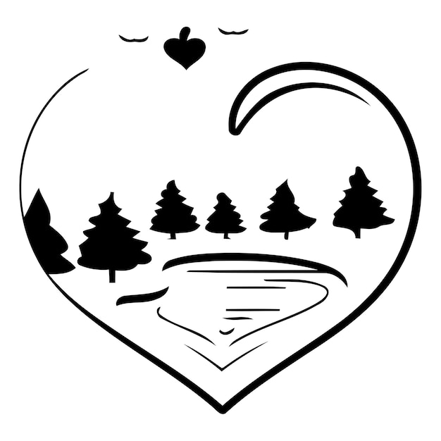 Vettore forma di cuore con foresta e fiume illustrazione vettoriale in stile piatto