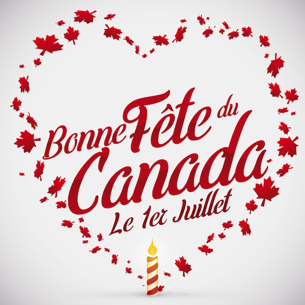 Vettore a forma di cuore con foglie d'acero e candela per il canada day con saluto in francese