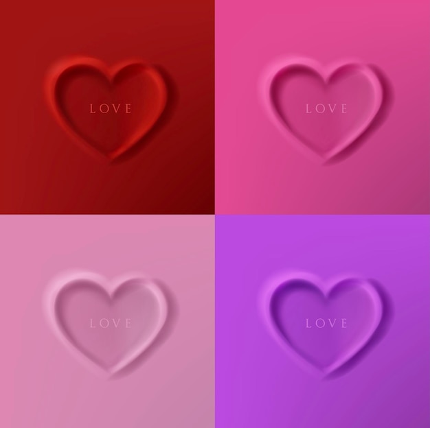 Heart shaped 3D shape frame design in red, violet, pink and soft red tones set. Elements for Valentine's Day festival design. Top view.