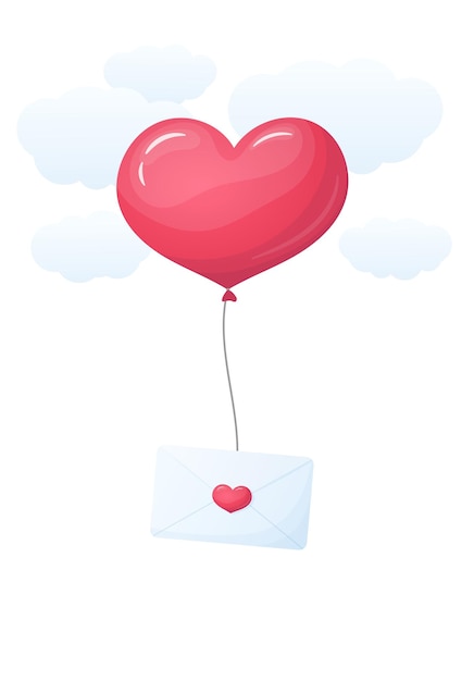 Vector a heart shaped balloon with an envelope flying in the sky. happy valentines day greeting. vector.