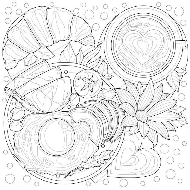 Vector heart shaped breakfast fried eggs with avocado coffee and croissantcoloring book