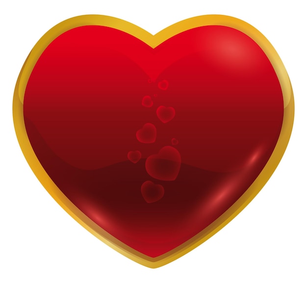 Vector heart shaped button decorated with golden frame and heart shaped bubbles inside of it