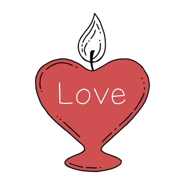 Vector heart shaped candle with love lettering in doodle style valentines day